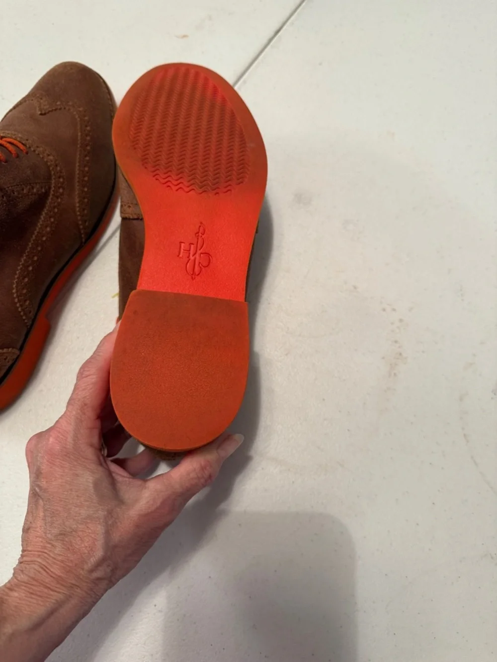 Cole Haan Brown Suede Wingtip Oxfords with Orange Laces